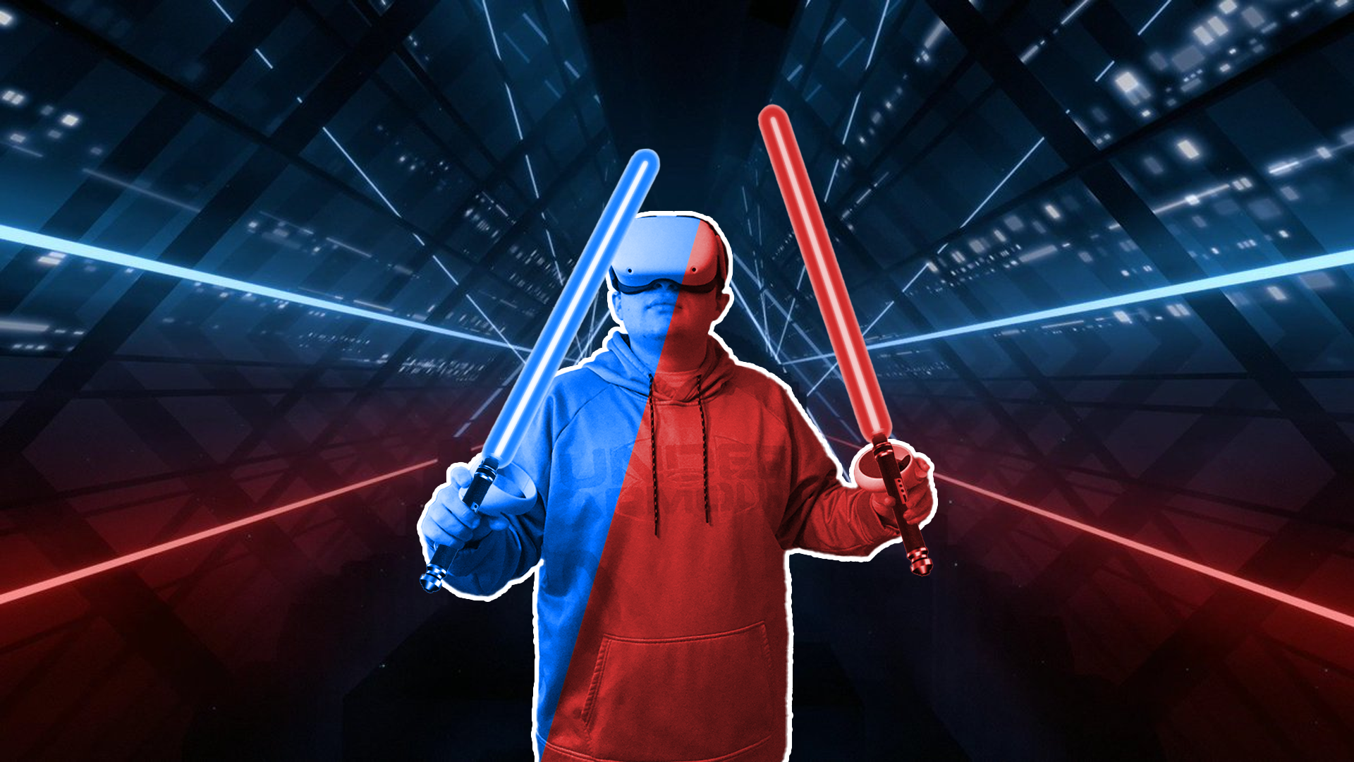 Graphic: Man Wields Lightsabers in Virtual Reality