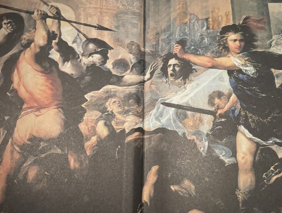 This image is of the opening page of the book Gods and Heroes of Ancient Greece. This scene is describing Greek Hero Perseus using the head of Medusa to stone warriors.