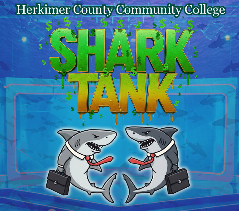 HCCC Shark Tank Graphic with Two Sharks holding briefcases.