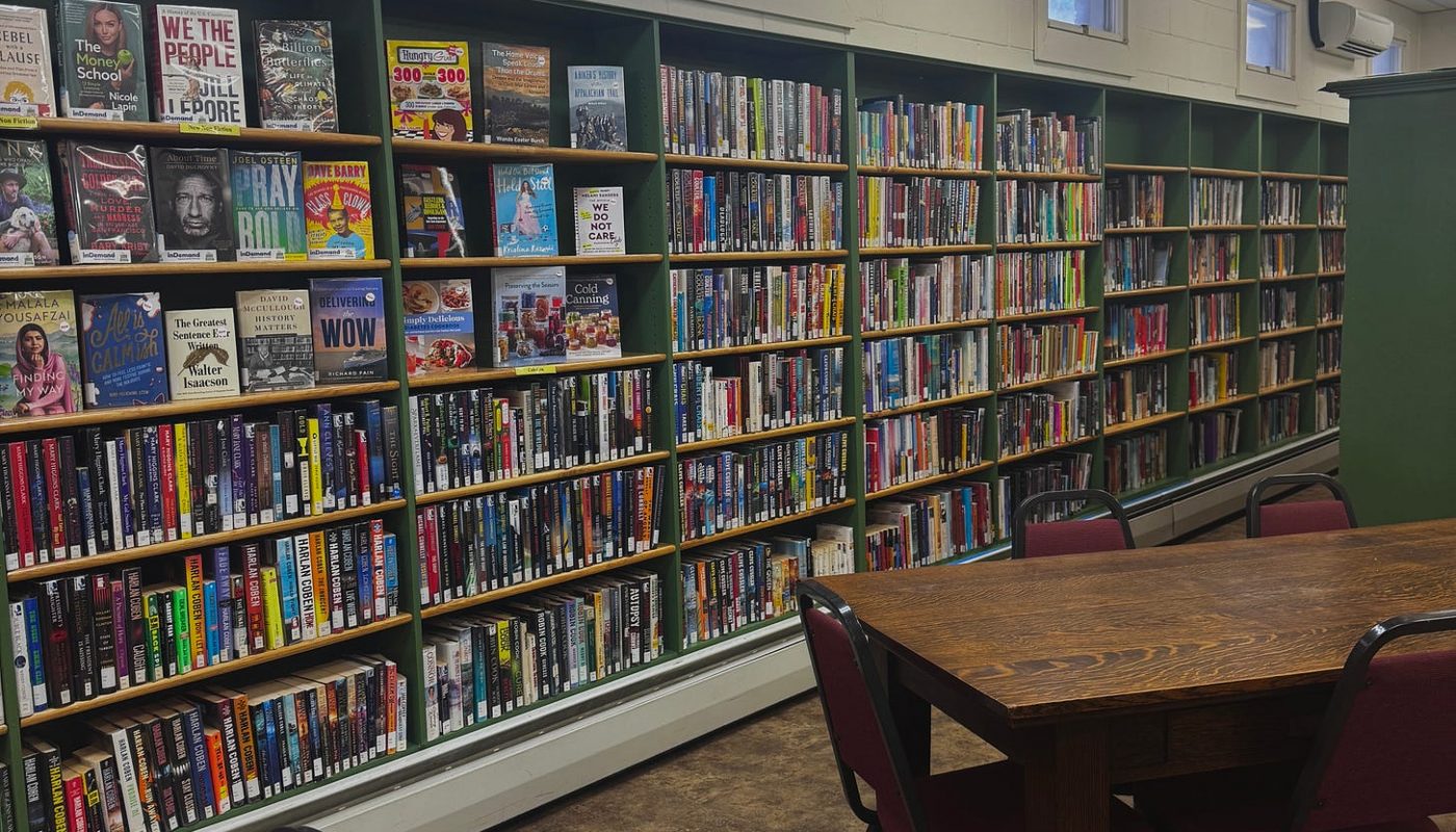 Wall of shelves with neatly arranged books