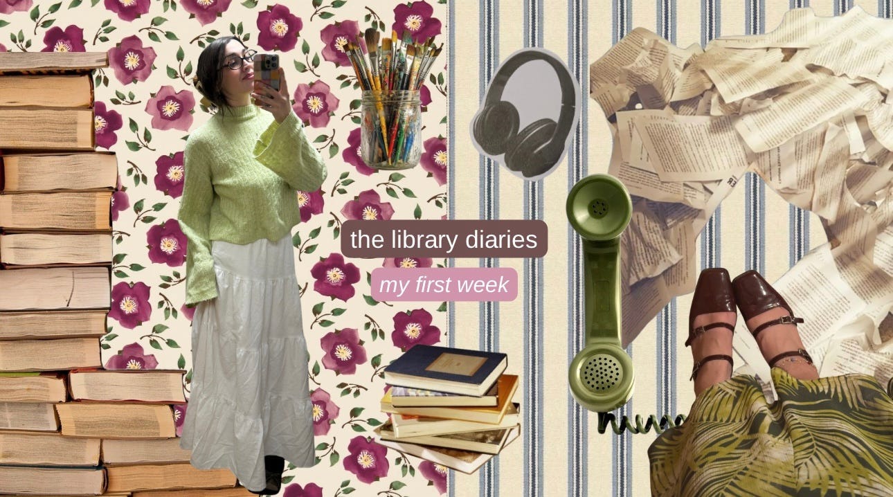 Colorful collage that shows author and has text "the library diaries: my first week"