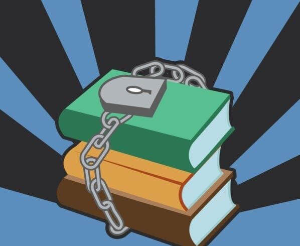 illustration of three books wrapped in chain with padlock