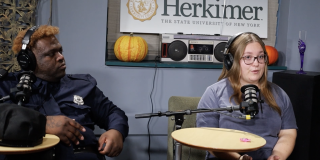 two students in a podcast