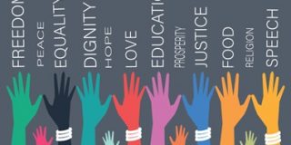Illustration of colorful hands reaching up to words including freedom, peace, equality, dignity, hope, love, education, justice, food, and speech