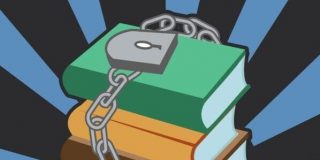 illustration of three books wrapped in chain with padlock