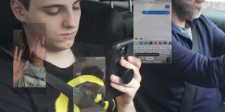 Young man holds phone in car with adult, overlay of phone screen